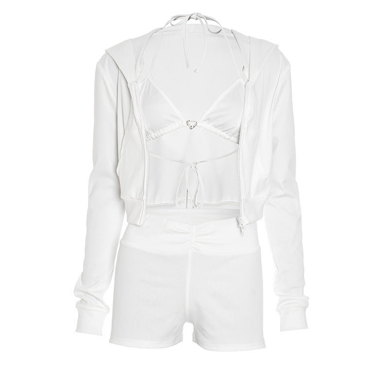 Cozy Chic Y2K White Athleisure Set: Cropped Hoodie, Halter Bralette & Ruched Shorts for Fall
