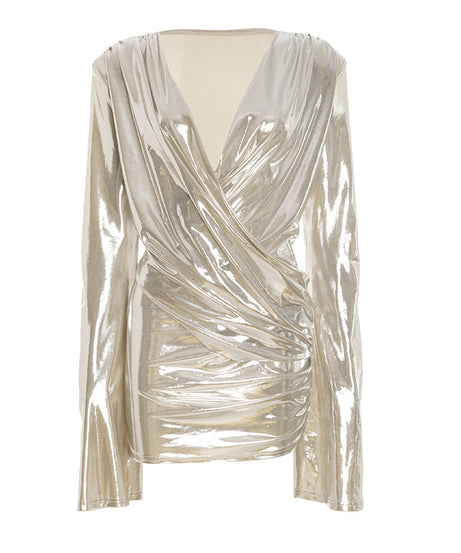 Shimmer & Slay: Metallic Ruched V-Neck Mini Dress - Your Dazzling Pick for Holiday Parties & NYE
