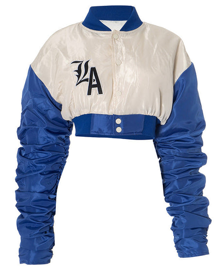 LA Street Style Cropped Bomber Jacket - Ruched Sleeve Fall Statement Piece
