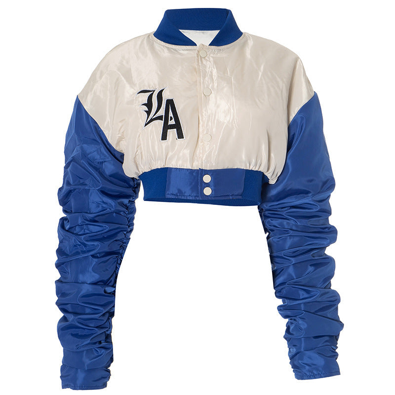 LA Street Style Cropped Bomber Jacket - Ruched Sleeve Fall Statement Piece