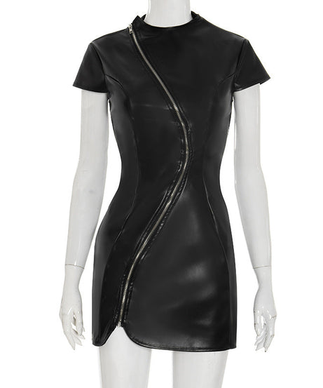 Edgy Elegance: Faux Leather Asymmetric Zip Mini Dress | Fall Night Out Style
