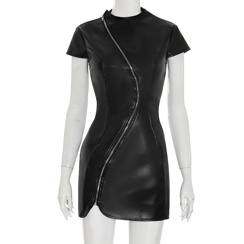Edgy Elegance: Faux Leather Asymmetric Zip Mini Dress | Fall Night Out Style