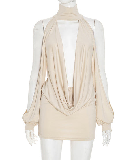 Chic Autumn Nights: High Neck Plunge Draped Mini Dress with Statement Sleeves
