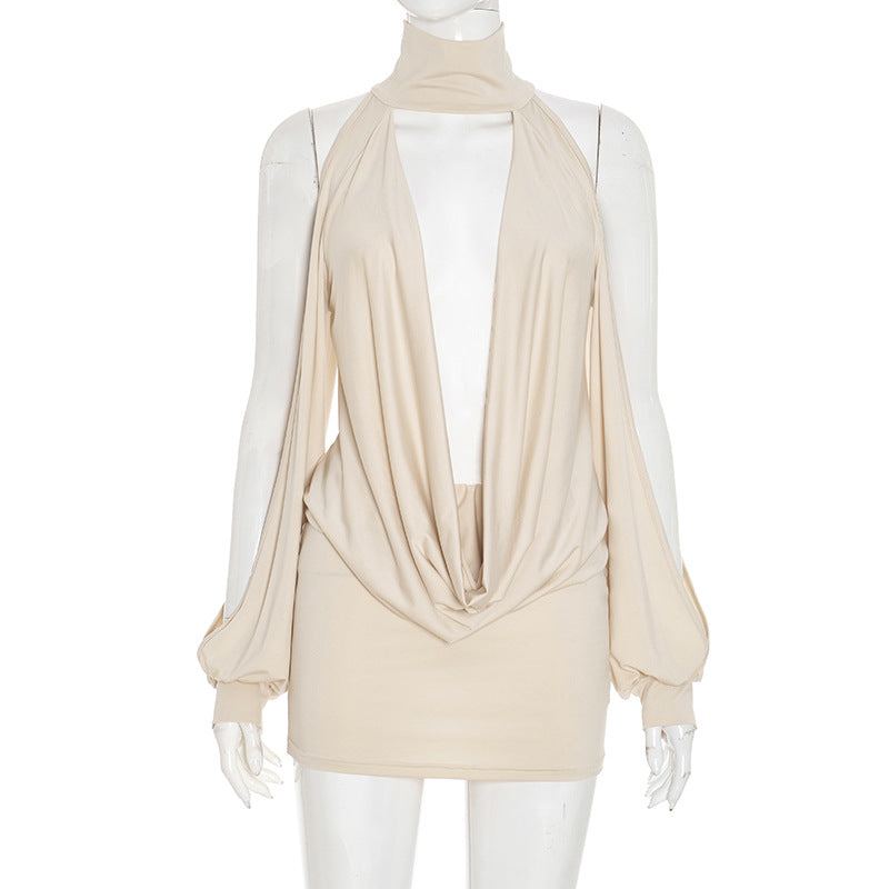 Chic Autumn Nights: High Neck Plunge Draped Mini Dress with Statement Sleeves