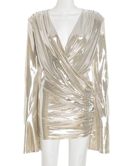 Shimmer & Slay: Metallic Ruched V-Neck Mini Dress - Your Dazzling Pick for Holiday Parties & NYE