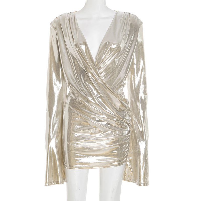 Shimmer & Slay: Metallic Ruched V-Neck Mini Dress - Your Dazzling Pick for Holiday Parties & NYE