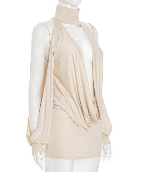 Chic Autumn Nights: High Neck Plunge Draped Mini Dress with Statement Sleeves
