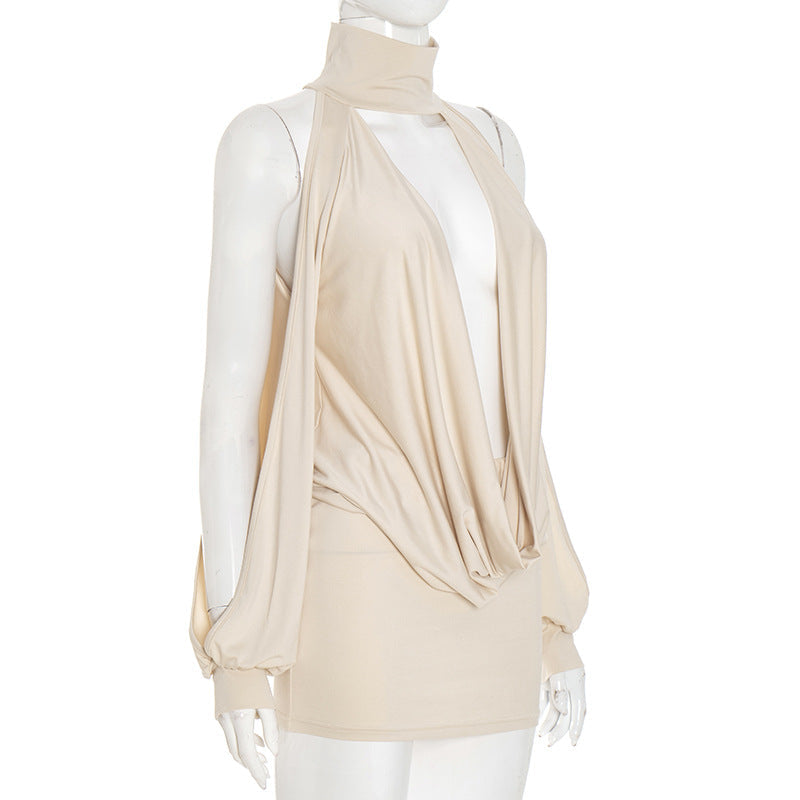 Chic Autumn Nights: High Neck Plunge Draped Mini Dress with Statement Sleeves