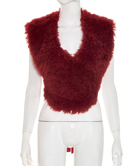Luxurious Ruby Red Faux Fur V-Neck Tie Shrug - Chic Fall & Holiday Statement