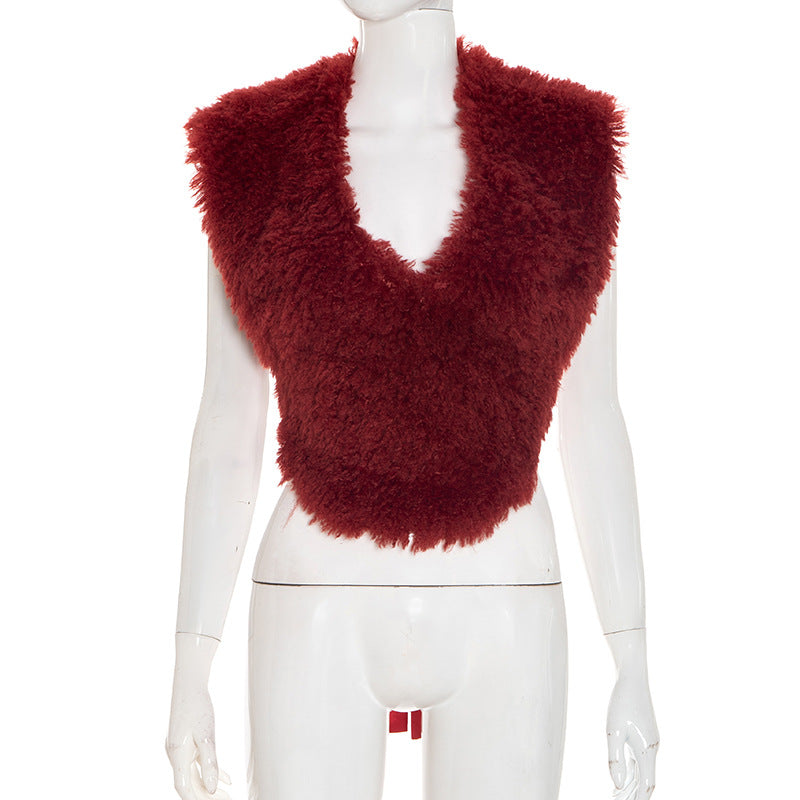 Luxurious Ruby Red Faux Fur V-Neck Tie Shrug - Chic Fall & Holiday Statement