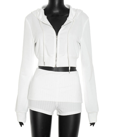 Fall Chill Luxe: Women's White Cropped Zip Hoodie & Ribbed Shorts Set