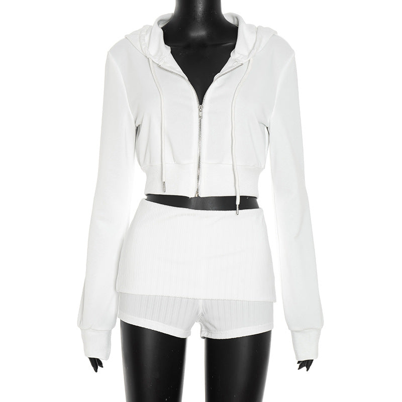 Fall Chill Luxe: Women's White Cropped Zip Hoodie & Ribbed Shorts Set