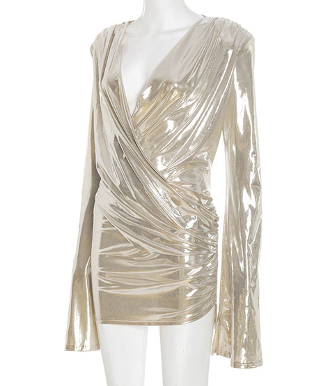 Shimmer & Slay: Metallic Ruched V-Neck Mini Dress - Your Dazzling Pick for Holiday Parties & NYE