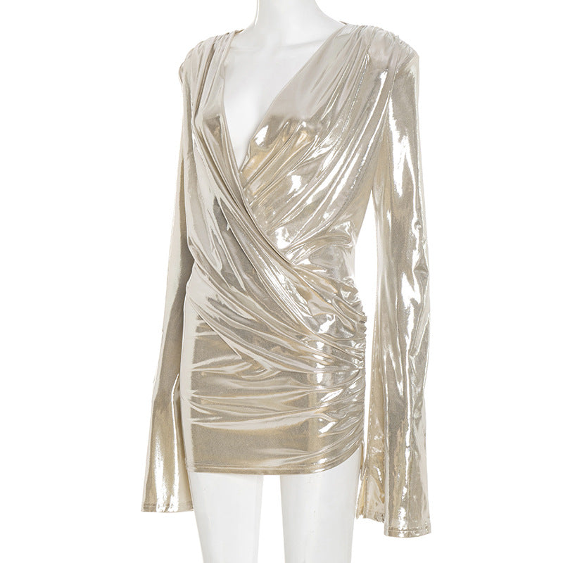 Shimmer & Slay: Metallic Ruched V-Neck Mini Dress - Your Dazzling Pick for Holiday Parties & NYE