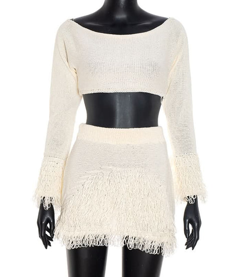 Boho Fringe Knit Crop Top & Mini Skirt Set | Effortless Fall Two-Piece
