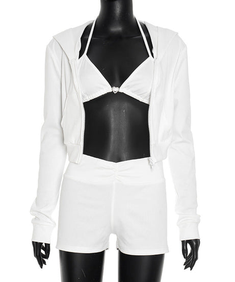 Cozy Chic Y2K White Athleisure Set: Cropped Hoodie, Halter Bralette & Ruched Shorts for Fall