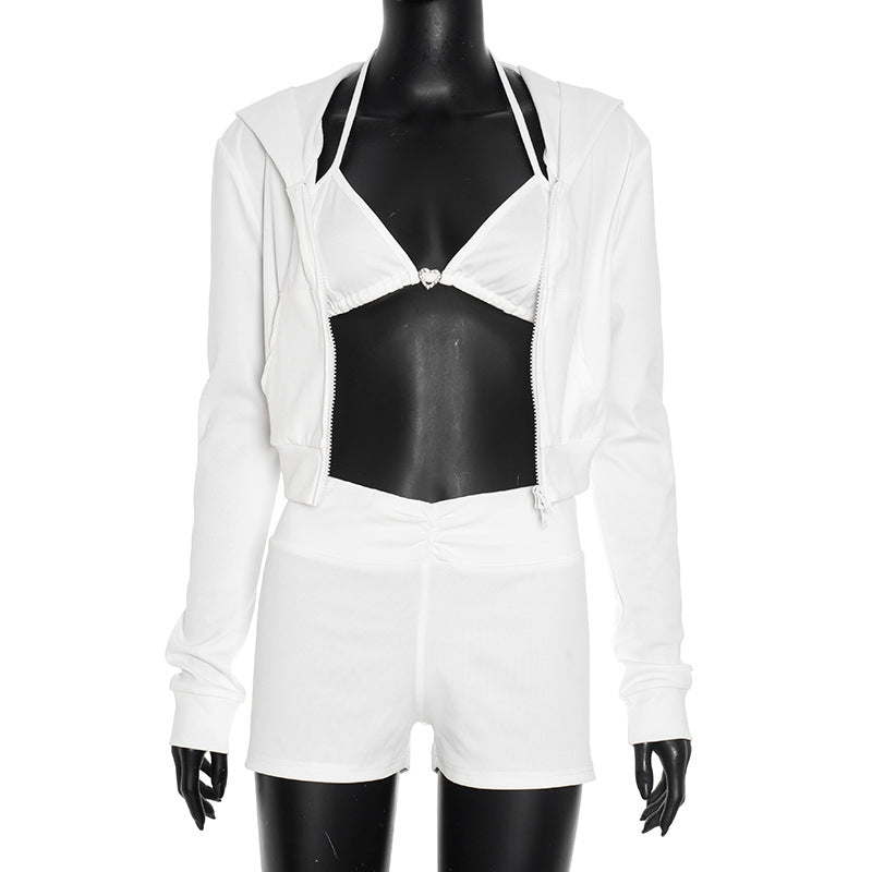 Cozy Chic Y2K White Athleisure Set: Cropped Hoodie, Halter Bralette & Ruched Shorts for Fall