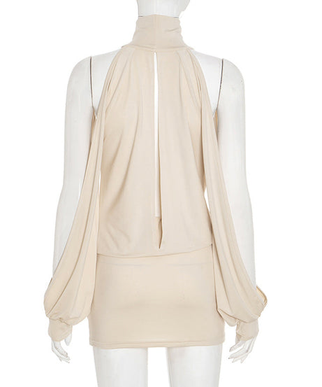 Chic Autumn Nights: High Neck Plunge Draped Mini Dress with Statement Sleeves