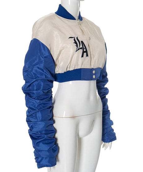 LA Street Style Cropped Bomber Jacket - Ruched Sleeve Fall Statement Piece