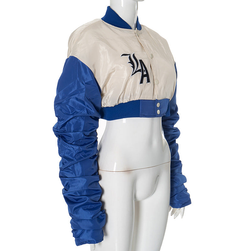 LA Street Style Cropped Bomber Jacket - Ruched Sleeve Fall Statement Piece