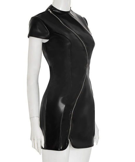 Edgy Elegance: Faux Leather Asymmetric Zip Mini Dress | Fall Night Out Style