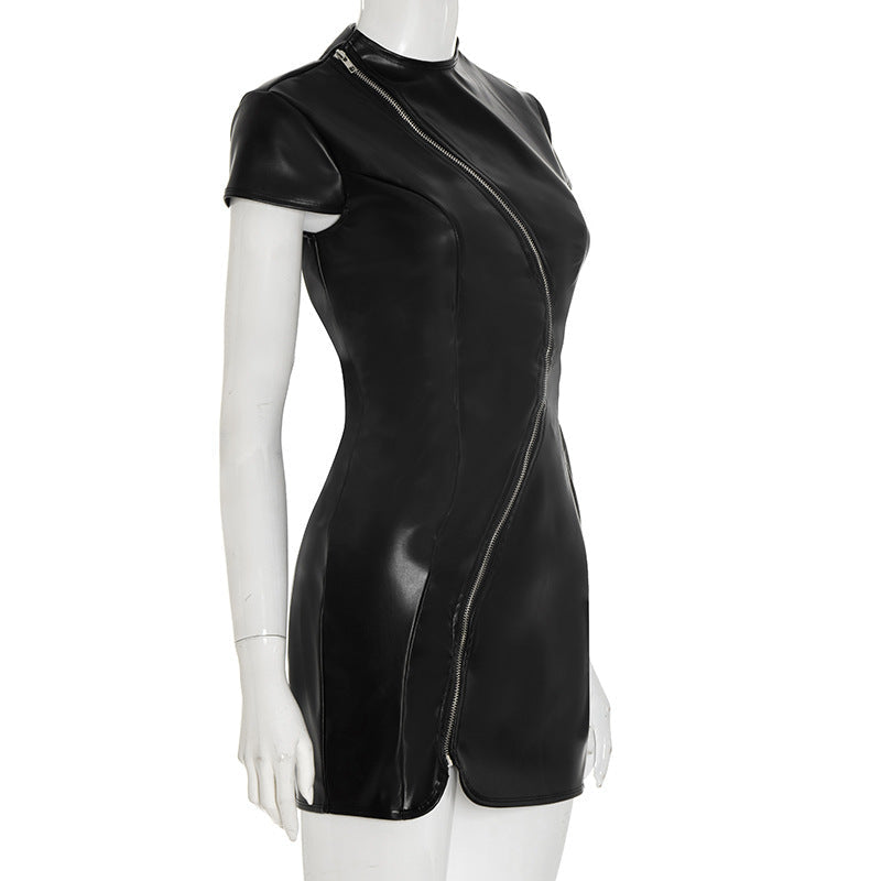 Edgy Elegance: Faux Leather Asymmetric Zip Mini Dress | Fall Night Out Style