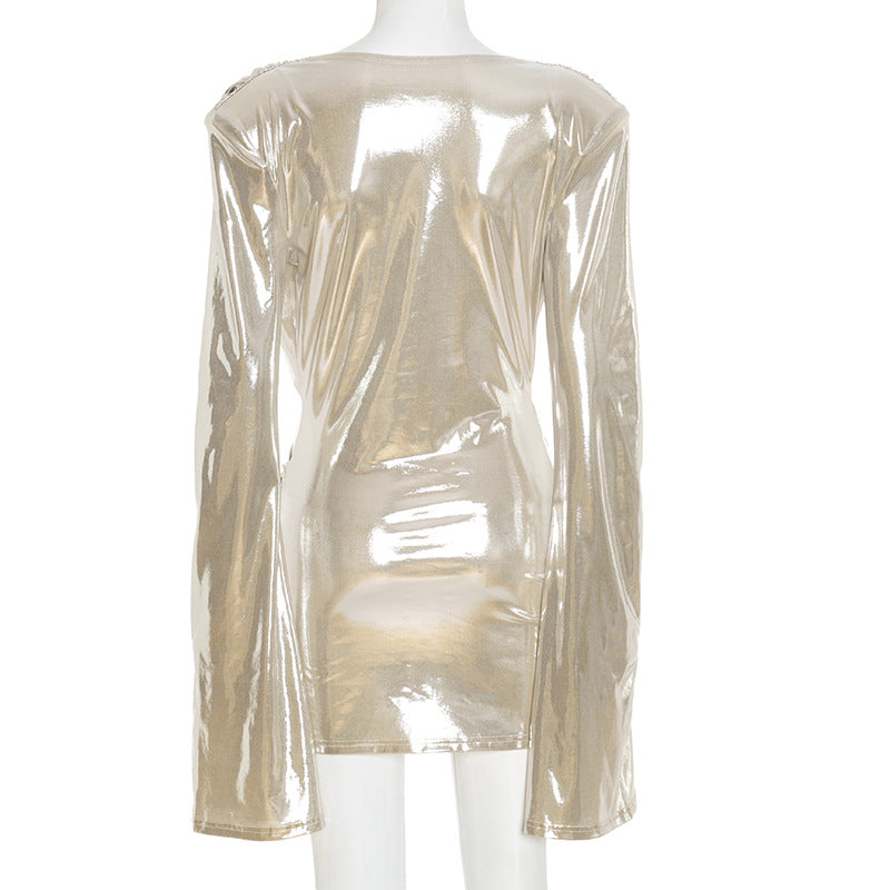 Shimmer & Slay: Metallic Ruched V-Neck Mini Dress - Your Dazzling Pick for Holiday Parties & NYE