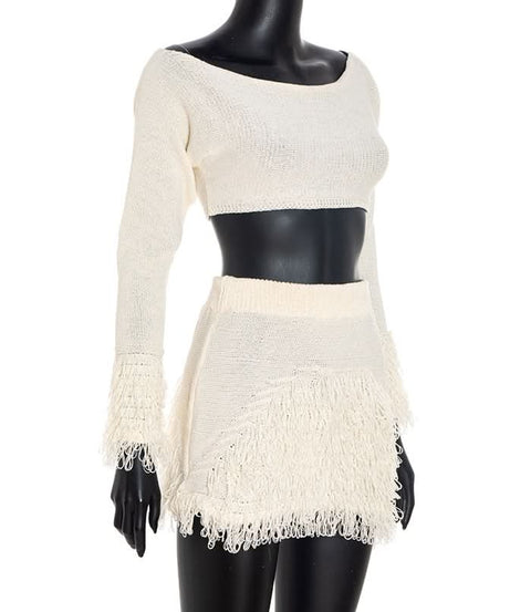Boho Fringe Knit Crop Top & Mini Skirt Set | Effortless Fall Two-Piece