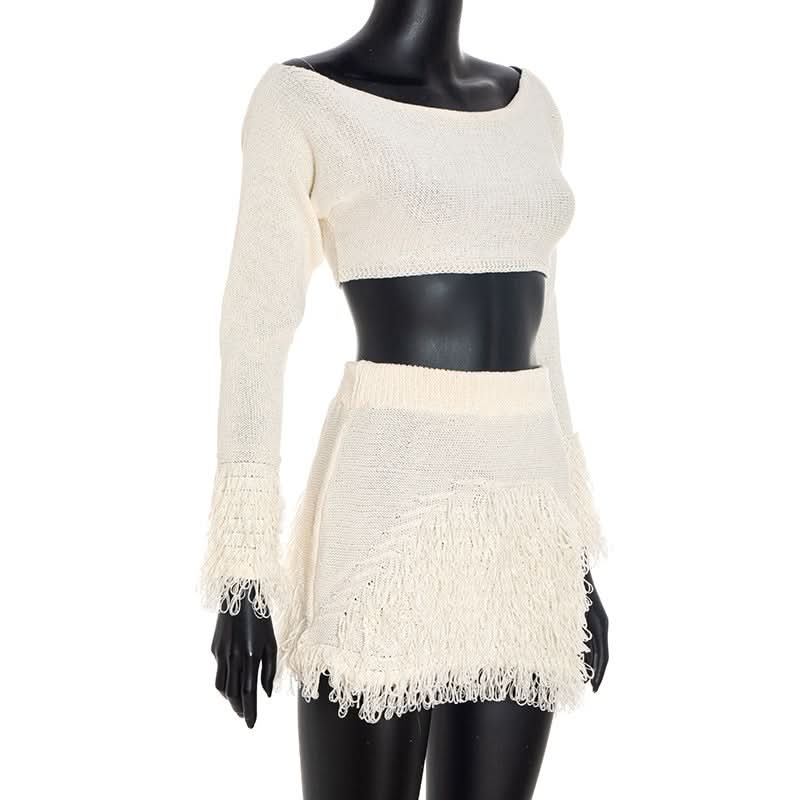 Boho Fringe Knit Crop Top & Mini Skirt Set | Effortless Fall Two-Piece