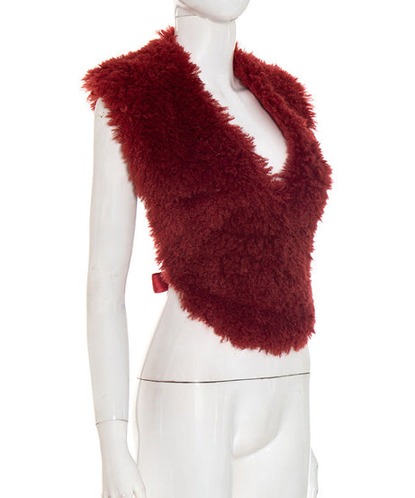 Luxurious Ruby Red Faux Fur V-Neck Tie Shrug - Chic Fall & Holiday Statement
