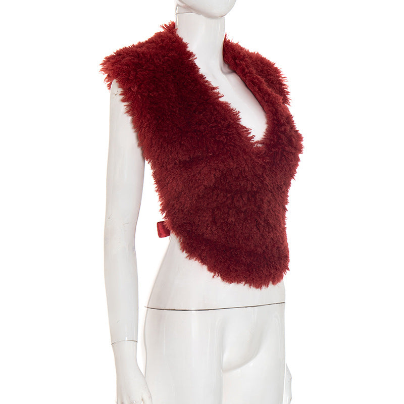 Luxurious Ruby Red Faux Fur V-Neck Tie Shrug - Chic Fall & Holiday Statement