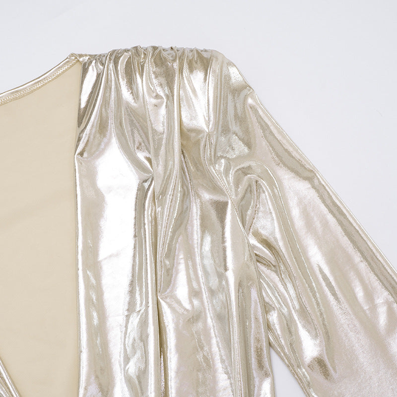 Shimmer & Slay: Metallic Ruched V-Neck Mini Dress - Your Dazzling Pick for Holiday Parties & NYE