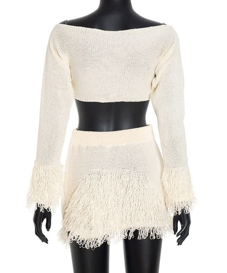 Boho Fringe Knit Crop Top & Mini Skirt Set | Effortless Fall Two-Piece