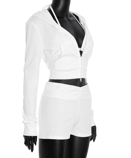 Cozy Chic Y2K White Athleisure Set: Cropped Hoodie, Halter Bralette & Ruched Shorts for Fall