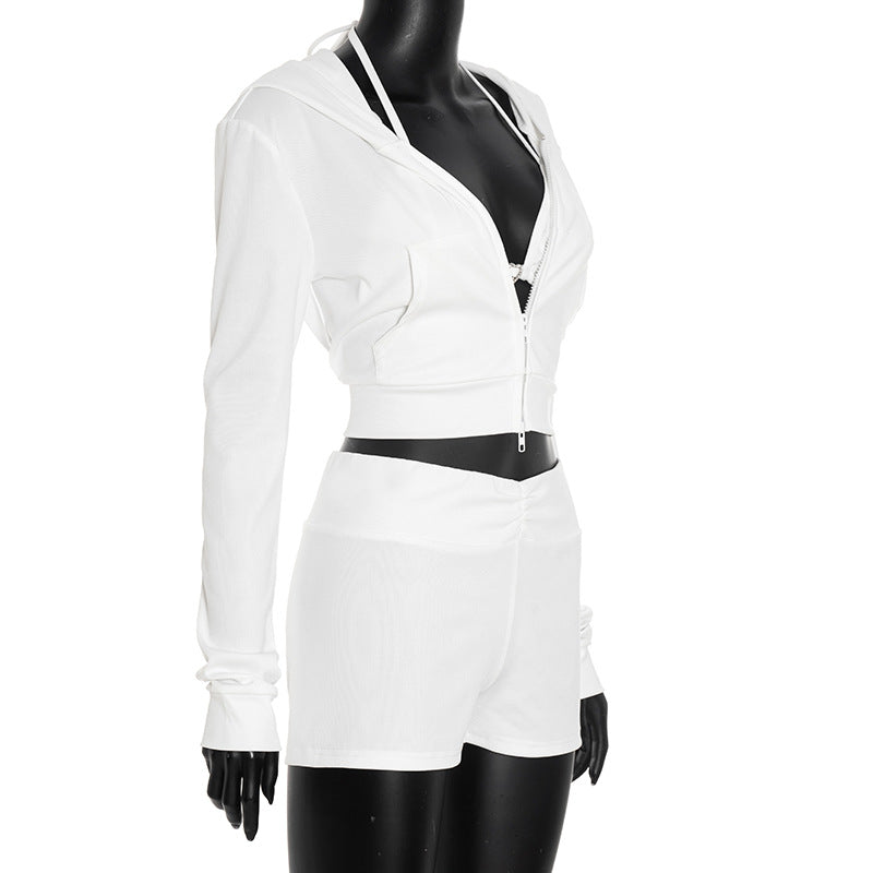 Cozy Chic Y2K White Athleisure Set: Cropped Hoodie, Halter Bralette & Ruched Shorts for Fall