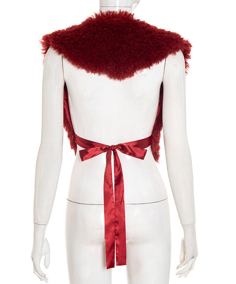 Luxurious Ruby Red Faux Fur V-Neck Tie Shrug - Chic Fall & Holiday Statement