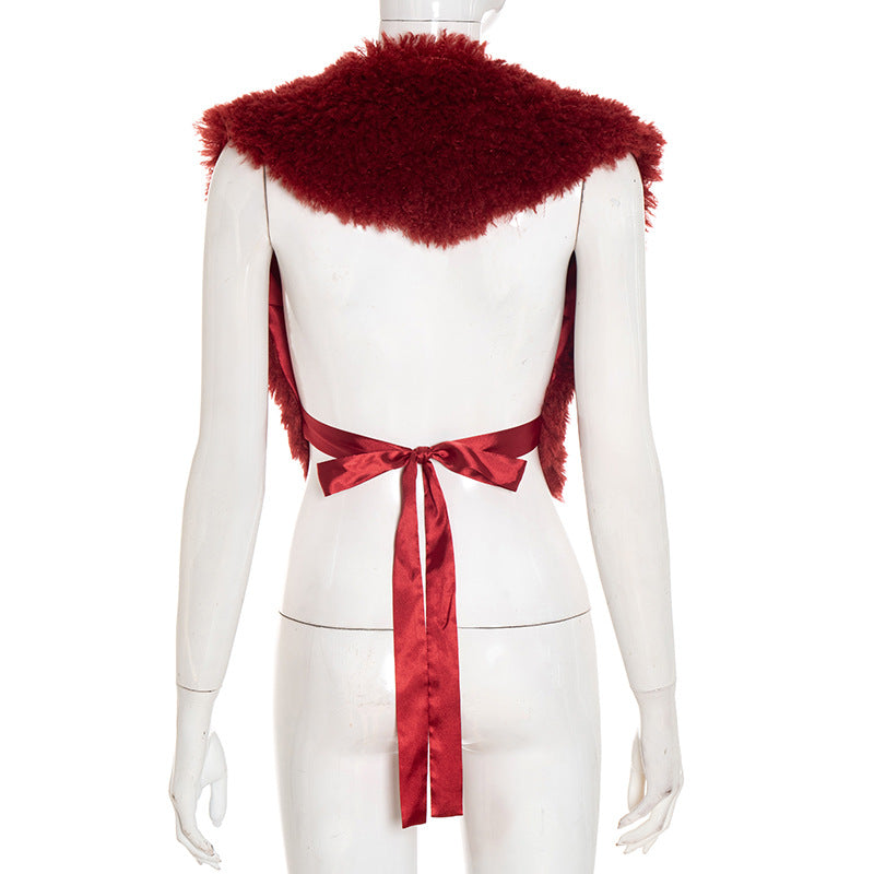 Luxurious Ruby Red Faux Fur V-Neck Tie Shrug - Chic Fall & Holiday Statement