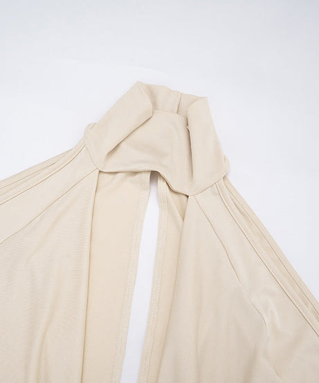 Chic Autumn Nights: High Neck Plunge Draped Mini Dress with Statement Sleeves