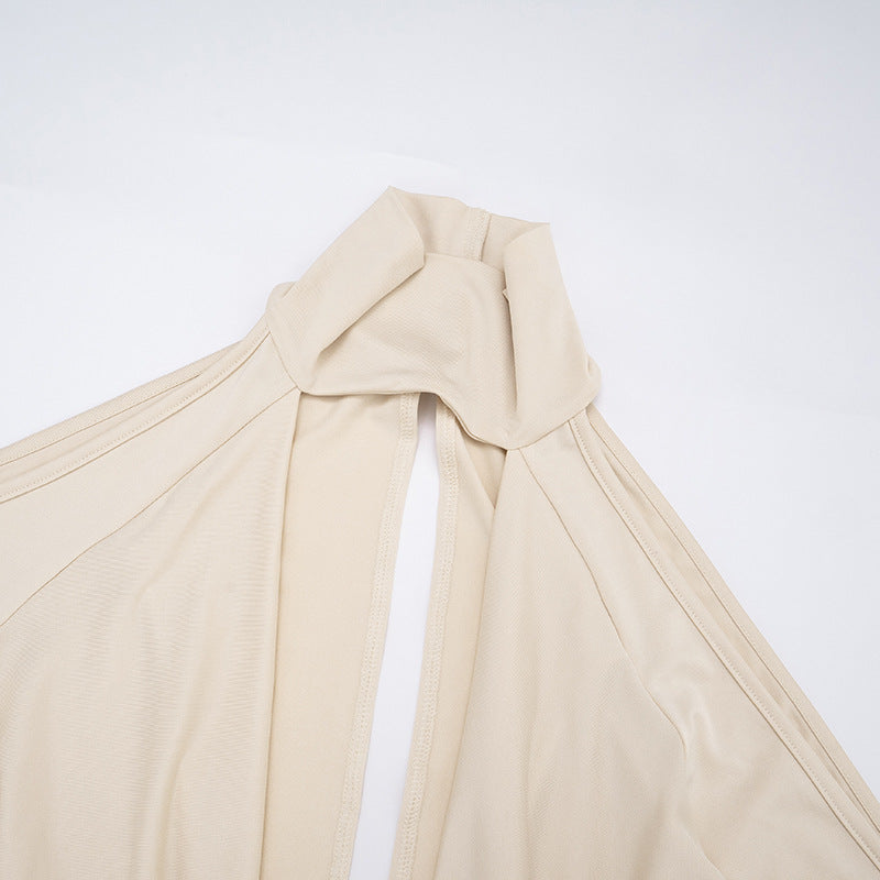 Chic Autumn Nights: High Neck Plunge Draped Mini Dress with Statement Sleeves