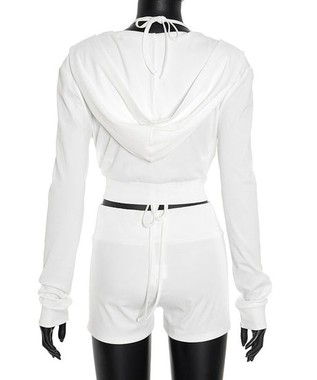 Cozy Chic Y2K White Athleisure Set: Cropped Hoodie, Halter Bralette & Ruched Shorts for Fall