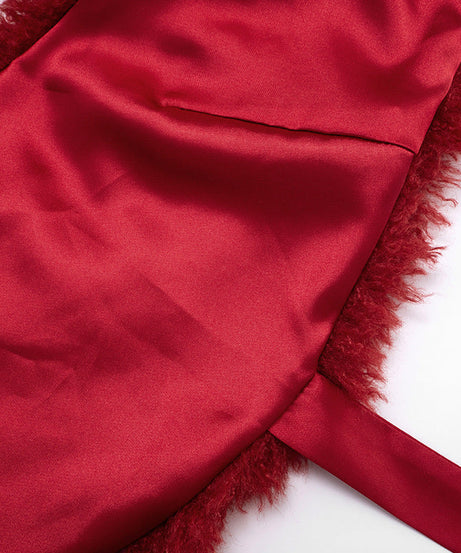 Luxurious Ruby Red Faux Fur V-Neck Tie Shrug - Chic Fall & Holiday Statement