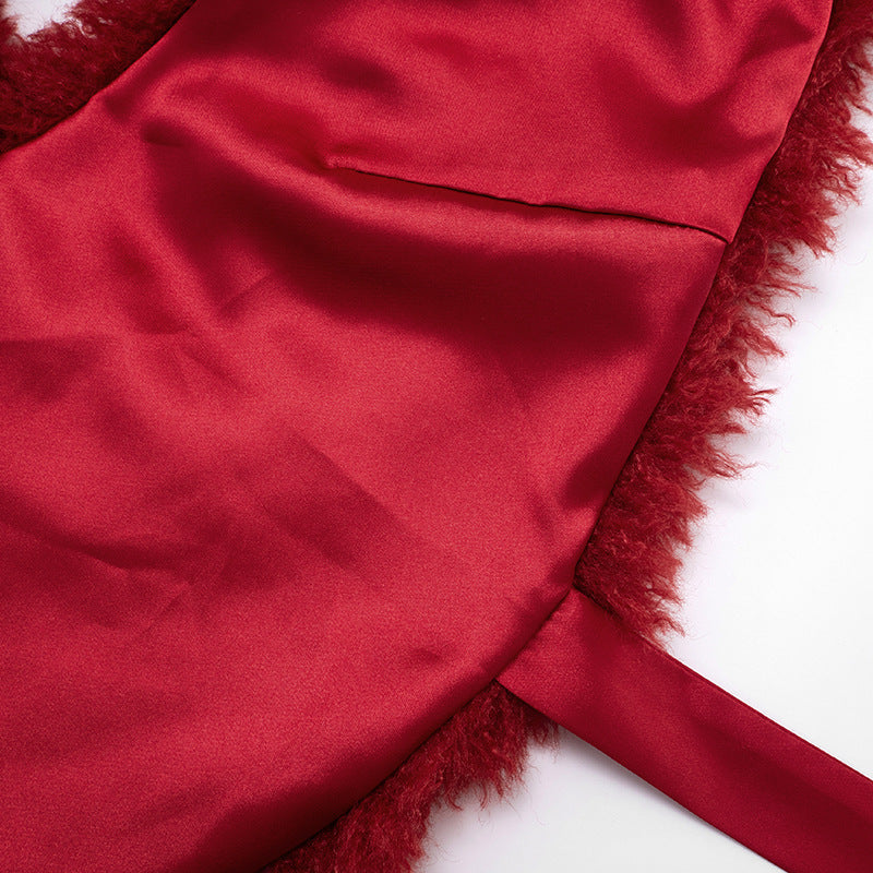 Luxurious Ruby Red Faux Fur V-Neck Tie Shrug - Chic Fall & Holiday Statement