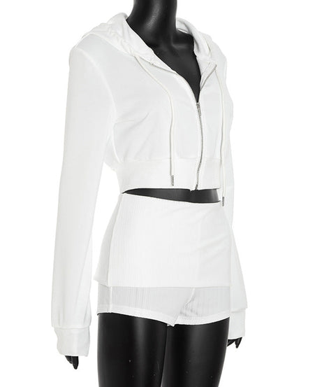Fall Chill Luxe: Women's White Cropped Zip Hoodie & Ribbed Shorts Set
