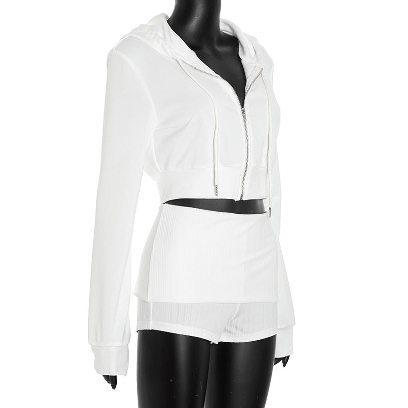 Fall Chill Luxe: Women's White Cropped Zip Hoodie & Ribbed Shorts Set