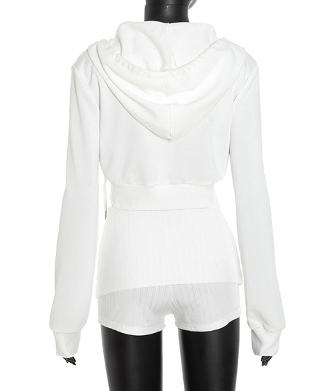 Fall Chill Luxe: Women's White Cropped Zip Hoodie & Ribbed Shorts Set