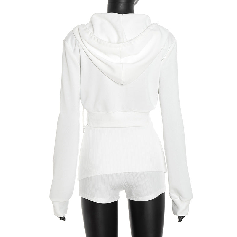 Fall Chill Luxe: Women's White Cropped Zip Hoodie & Ribbed Shorts Set