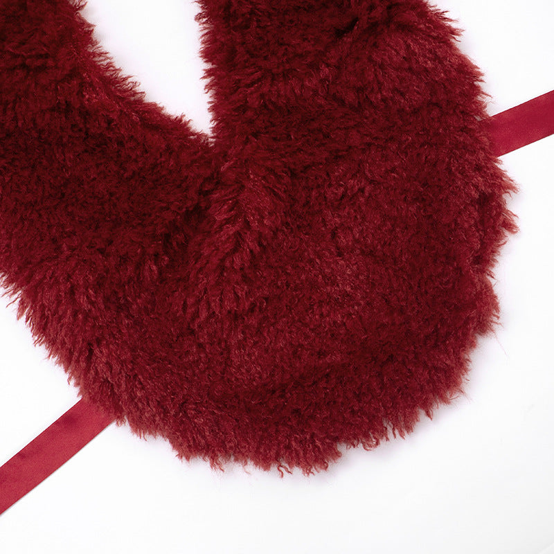 Luxurious Ruby Red Faux Fur V-Neck Tie Shrug - Chic Fall & Holiday Statement