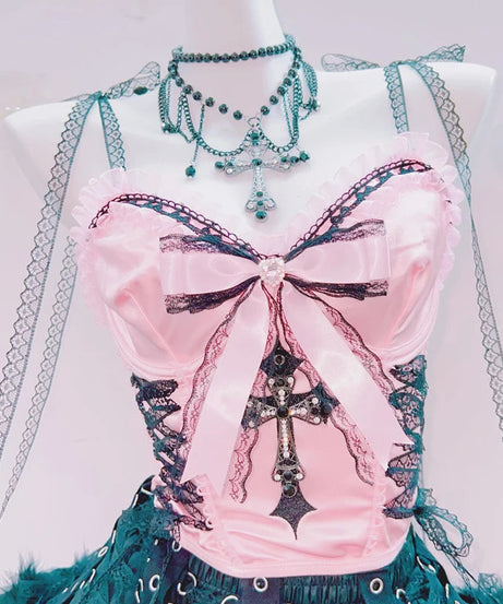 Dark Enchantress Pink & Emerald Gothic Corset Top - Halloween & Fall Glamour