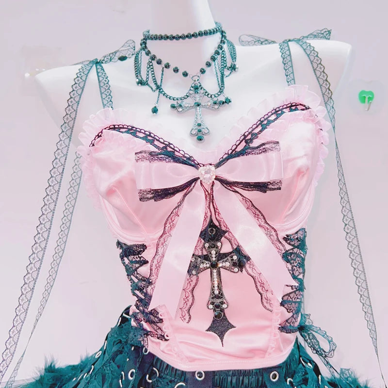 Dark Enchantress Pink & Emerald Gothic Corset Top - Halloween & Fall Glamour