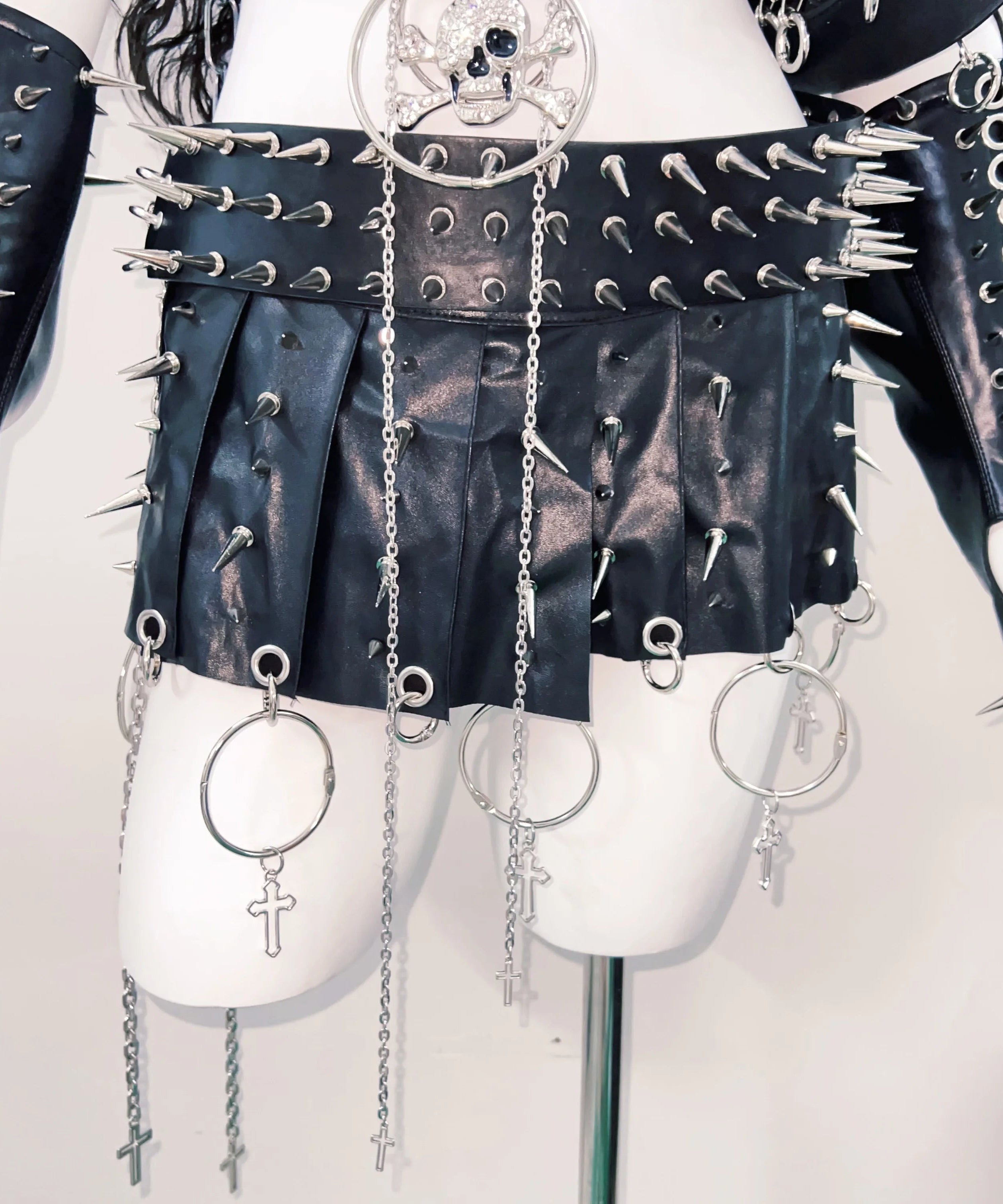 Fierce Spiked & Chain Vegan Leather Crop Top - Gothic Punk Halloween Rave Clubwear for Women